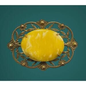Vintage Amber Cabochon Brooch Filigree Bronze Tone Victorian Revival Mothers Day